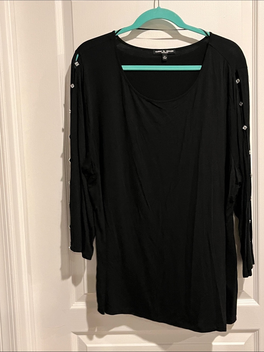 Cable & Gauge Black Long Sleeve Scoop Neck Top with Sleeve Glass Look Buttons
